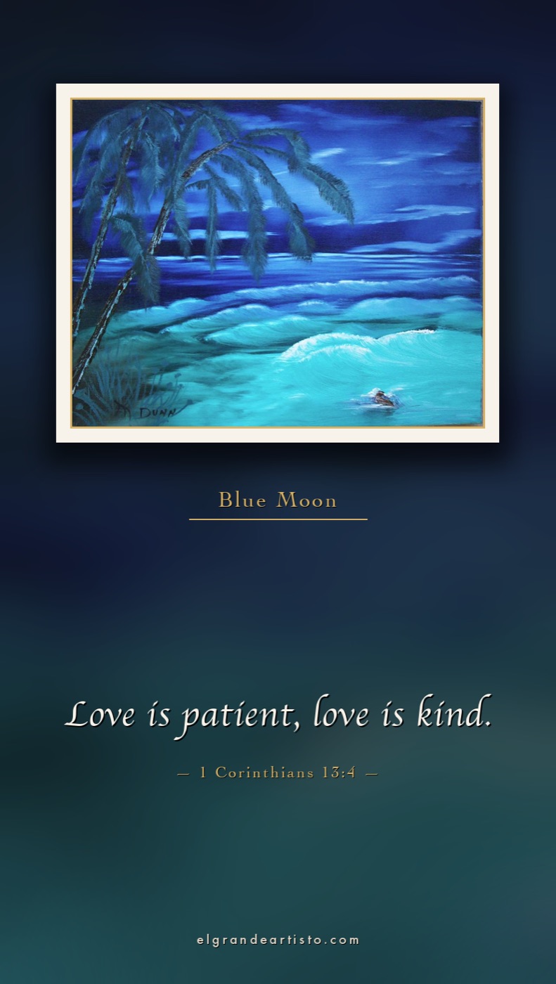 Blue Moon, a painting of a palm tree over turquoise moonlit waves