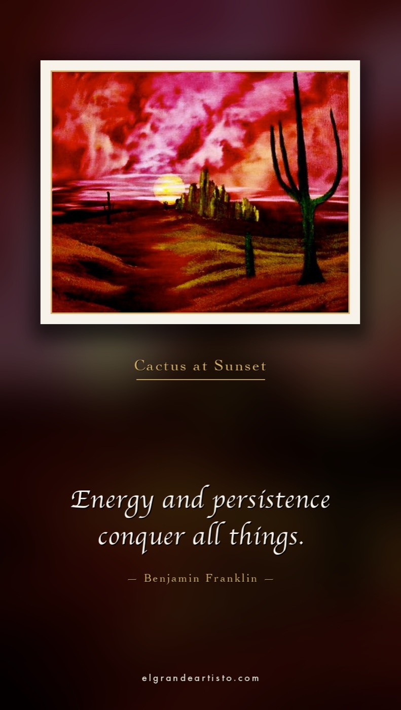 Cactus at Sunset, a painting of a saguaro cactus under a crimson desert sky