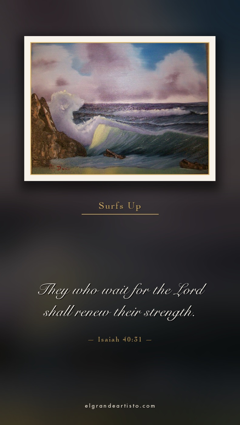 Surfs Up, a painting of a large wave curling past a rocky point